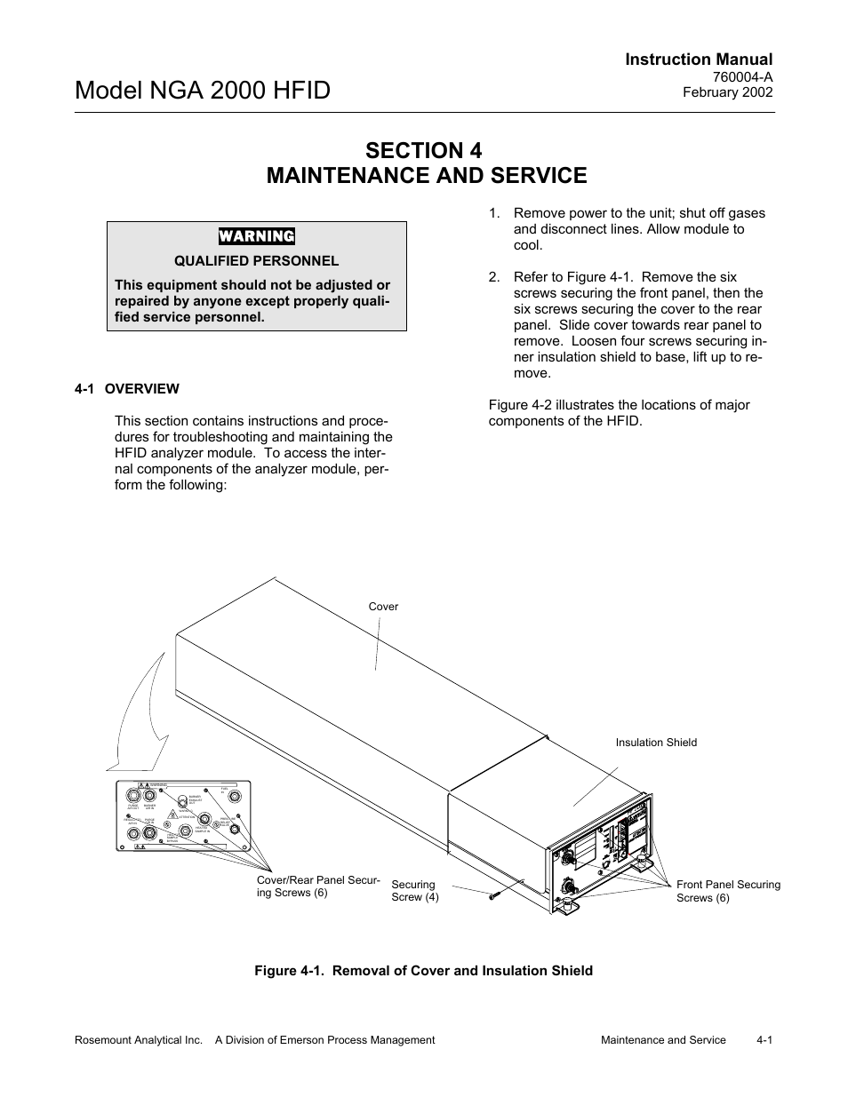 0 maintenance and service, 1 overview, 1 removal of cover and insulation shield | Model nga 2000 hfid, Instruction manual, Atte ntion | Emerson Process Management 760004-A User Manual | Page 39 / 118