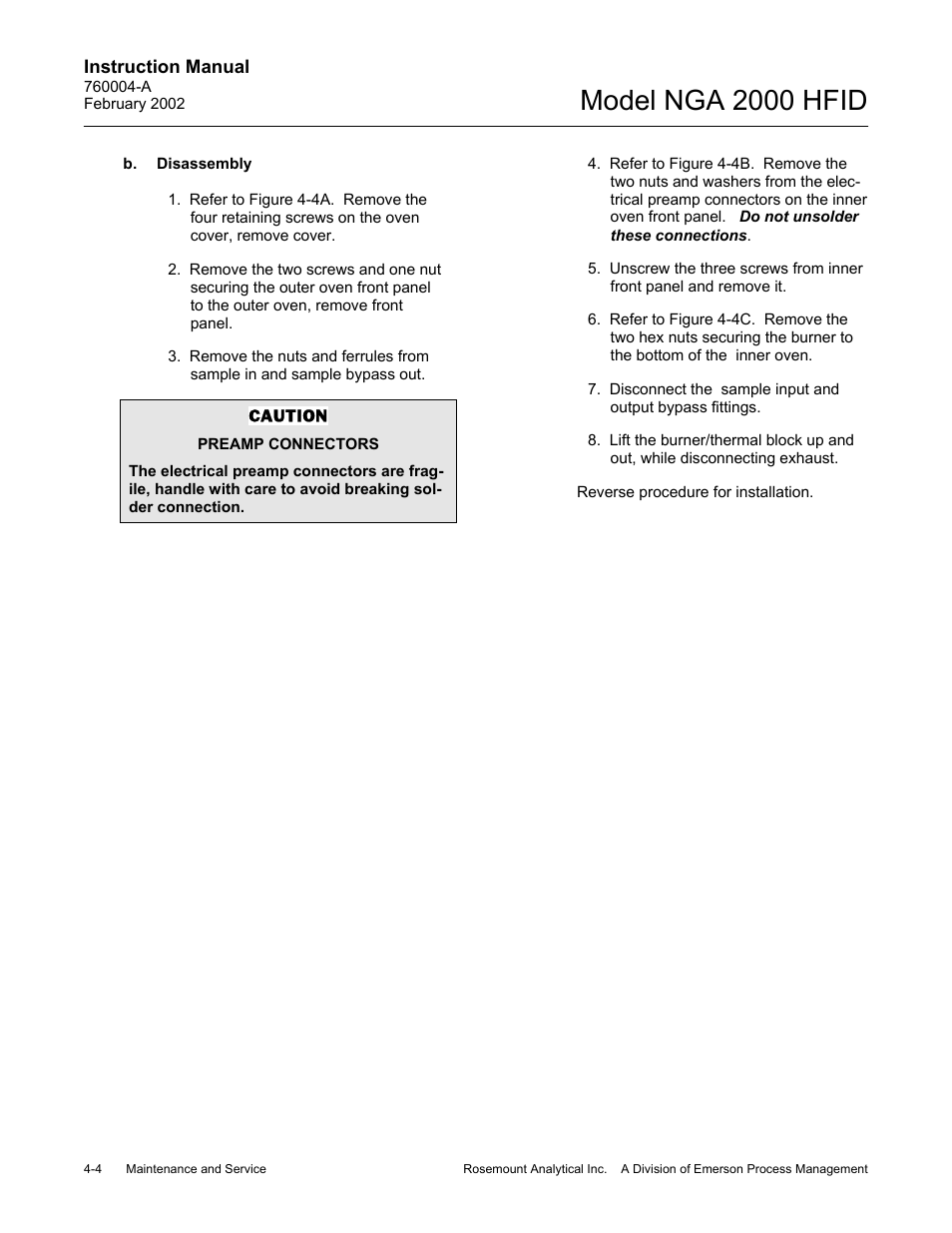 B. disassembly, Model nga 2000 hfid | Emerson Process Management 760004-A User Manual | Page 42 / 118