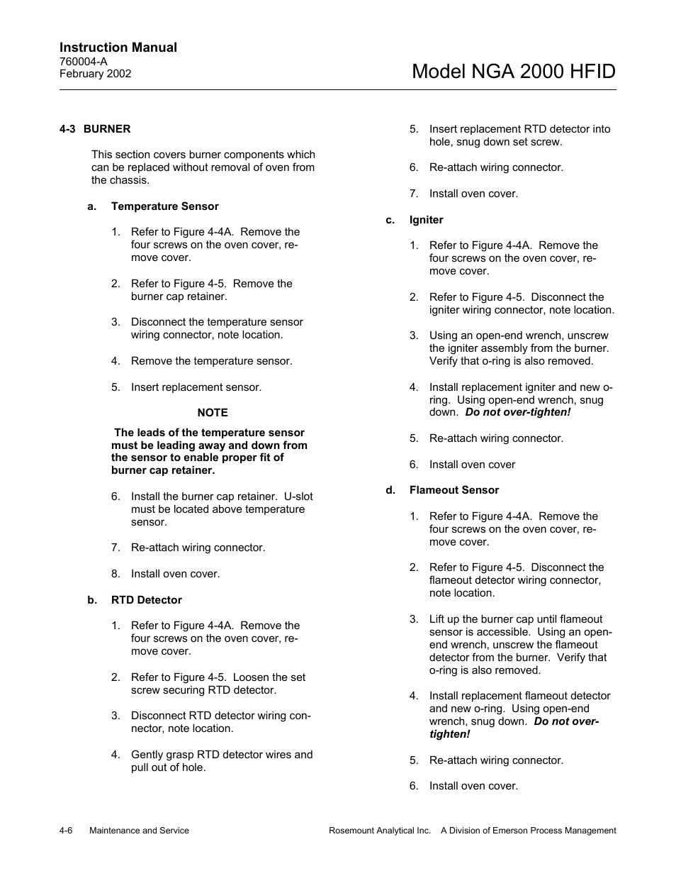3 burner, A. temperature sensor, B. rtd detector | C. ignitor, D. flameout sensor, Model nga 2000 hfid | Emerson Process Management 760004-A User Manual | Page 44 / 118