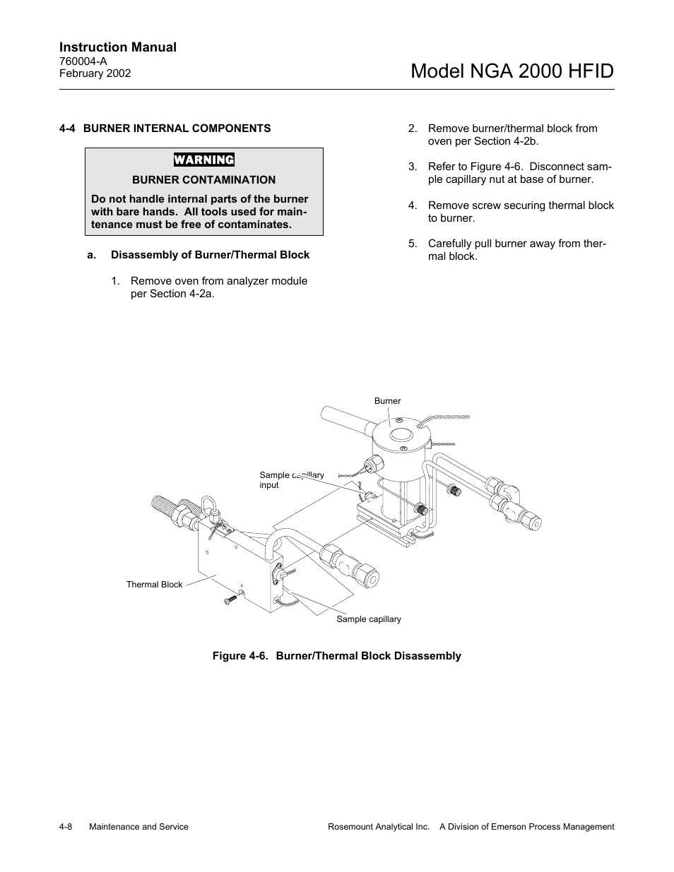 4 burner internal components, A. disassembly of burner/thermal block, 6 burner/thermal block disassembly | Model nga 2000 hfid | Emerson Process Management 760004-A User Manual | Page 46 / 118