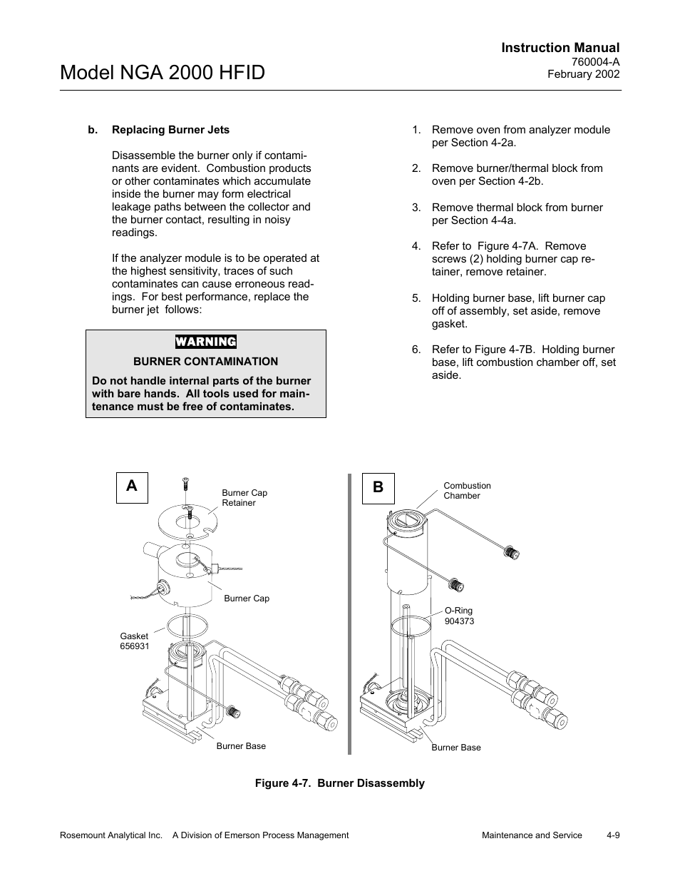 B. replacing burner jets, 7 burner disassembly, Model nga 2000 hfid | Emerson Process Management 760004-A User Manual | Page 47 / 118