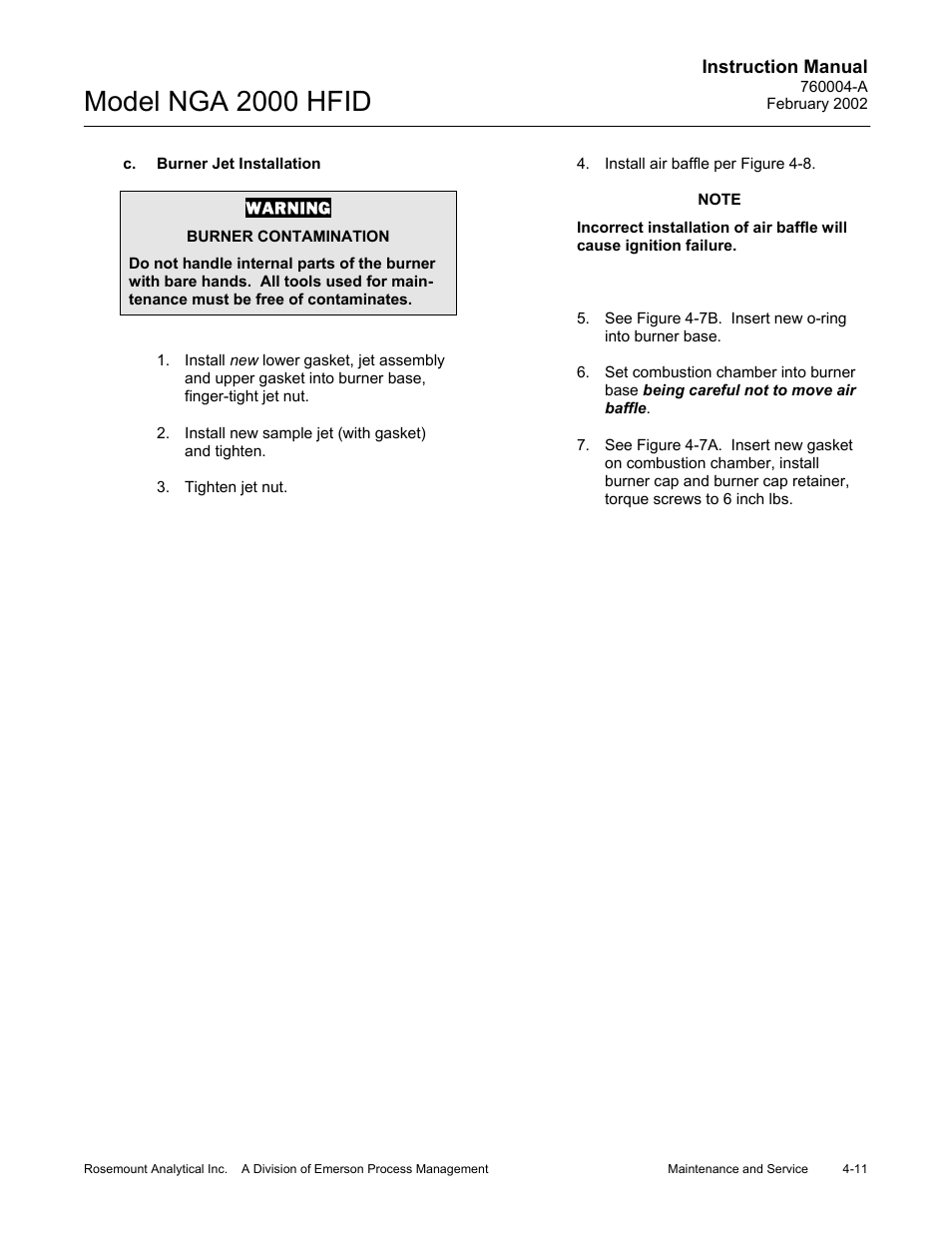 C. burner jet installation, Model nga 2000 hfid | Emerson Process Management 760004-A User Manual | Page 49 / 118