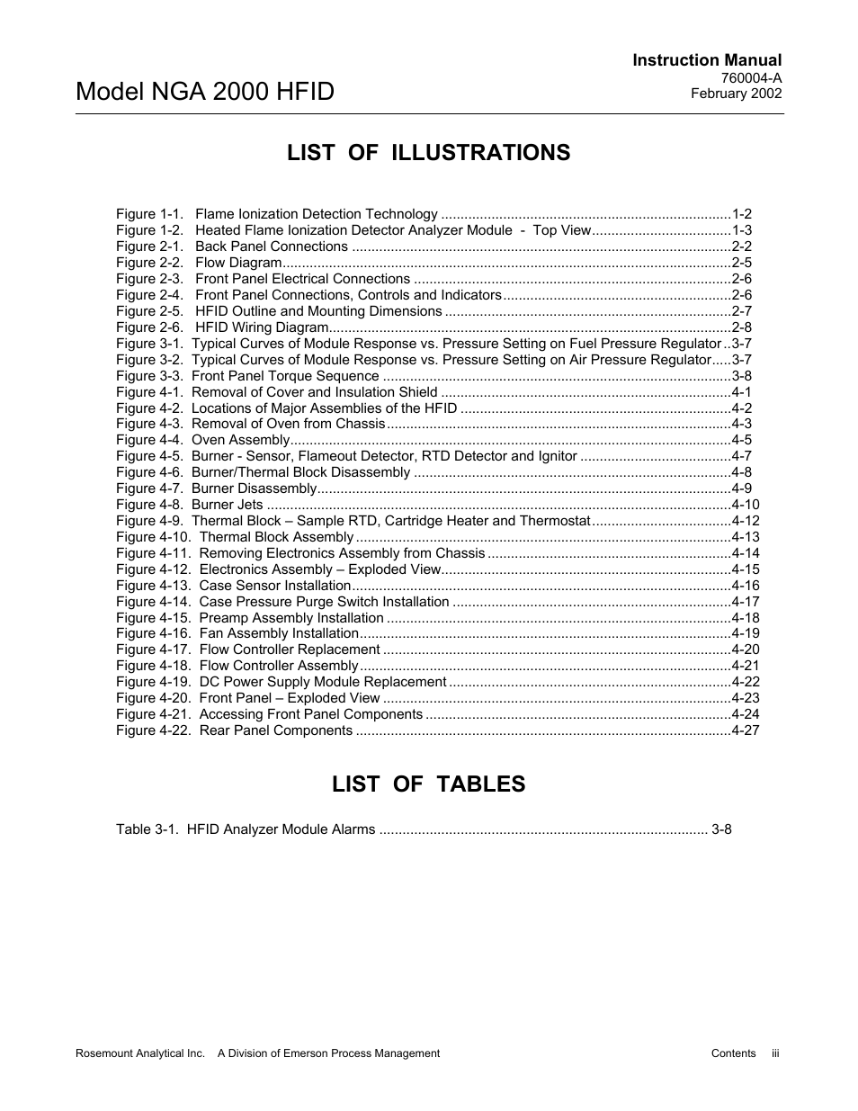 List of illustrations, List of tables, Model nga 2000 hfid | Emerson Process Management 760004-A User Manual | Page 5 / 118