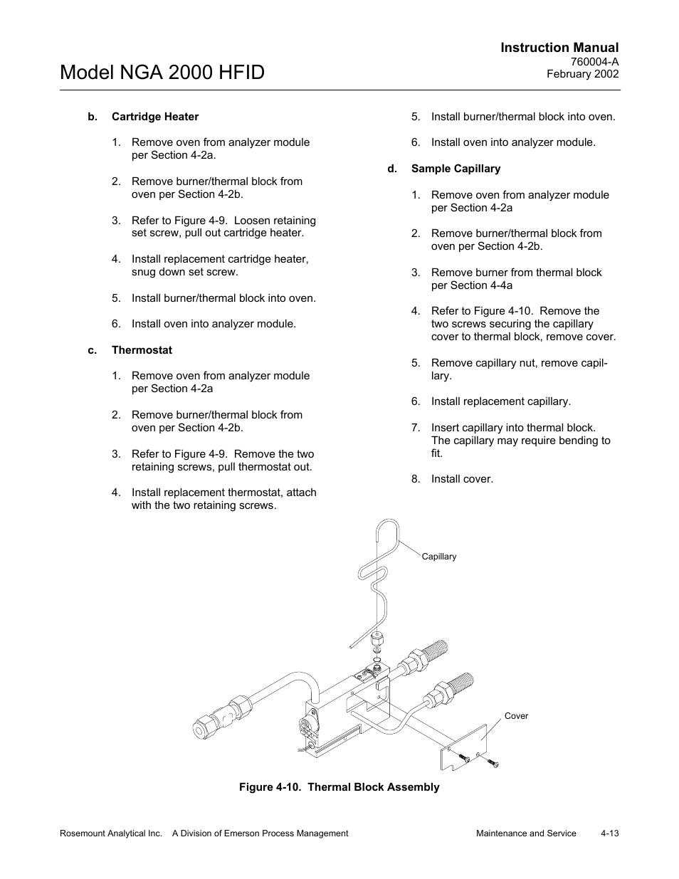 B. cartridge heater, C. thermostat, D. sample capillary | 10 thermal block assembly, Model nga 2000 hfid | Emerson Process Management 760004-A User Manual | Page 51 / 118
