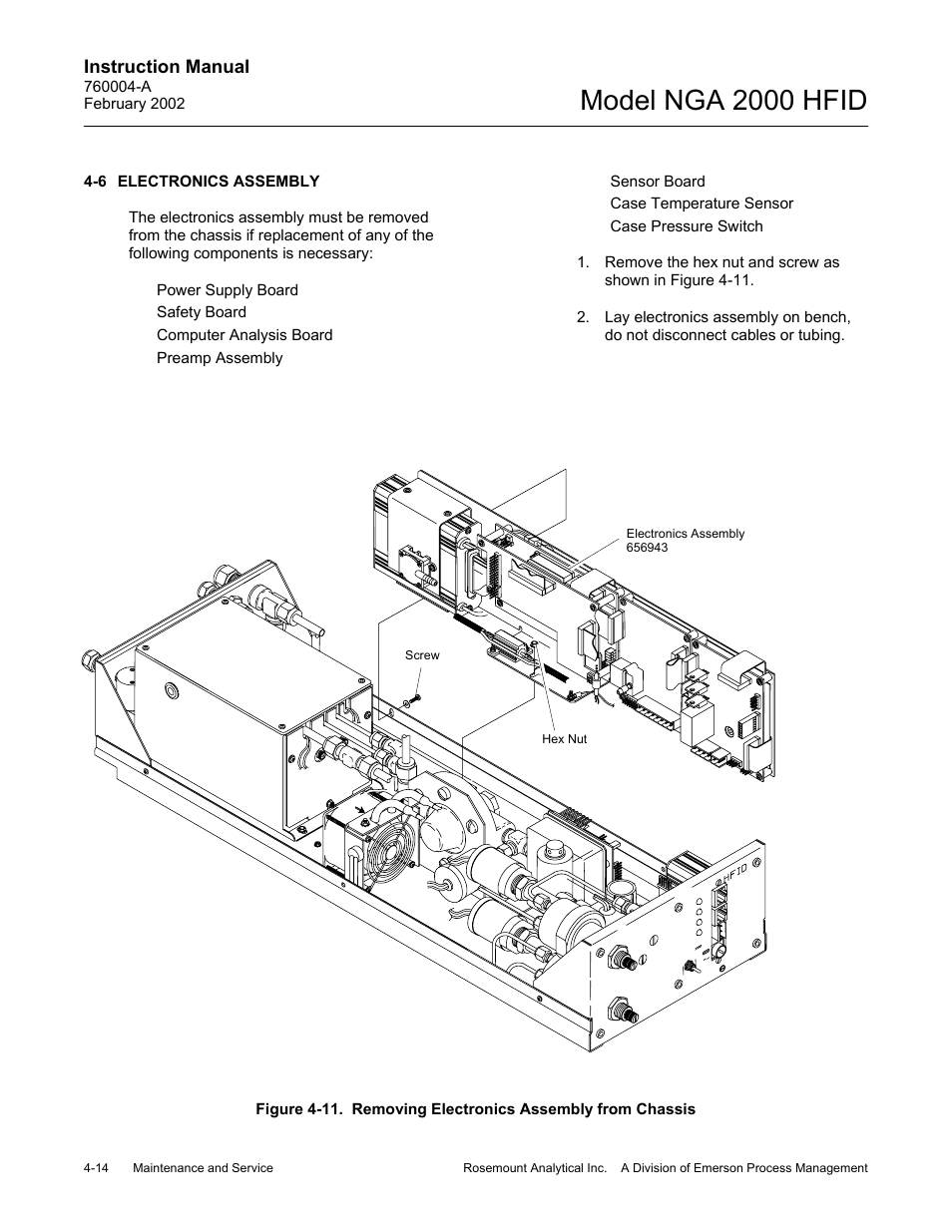 6 electronics assembly, 11 removing electronics assembly from chassis, Model nga 2000 hfid | Emerson Process Management 760004-A User Manual | Page 52 / 118