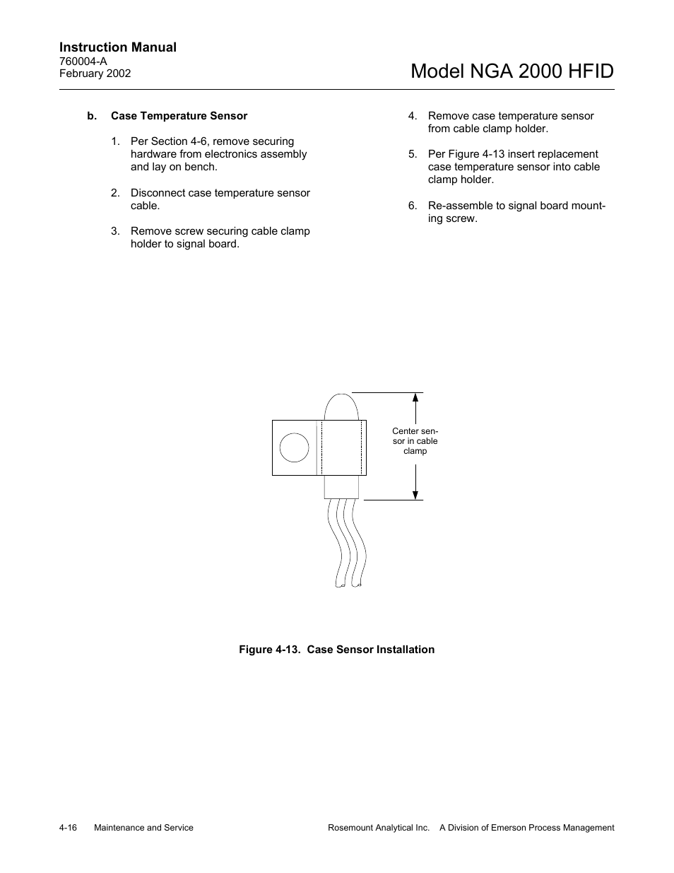 B. case temperature sensor, 13 case sensor installation, Model nga 2000 hfid | Emerson Process Management 760004-A User Manual | Page 54 / 118