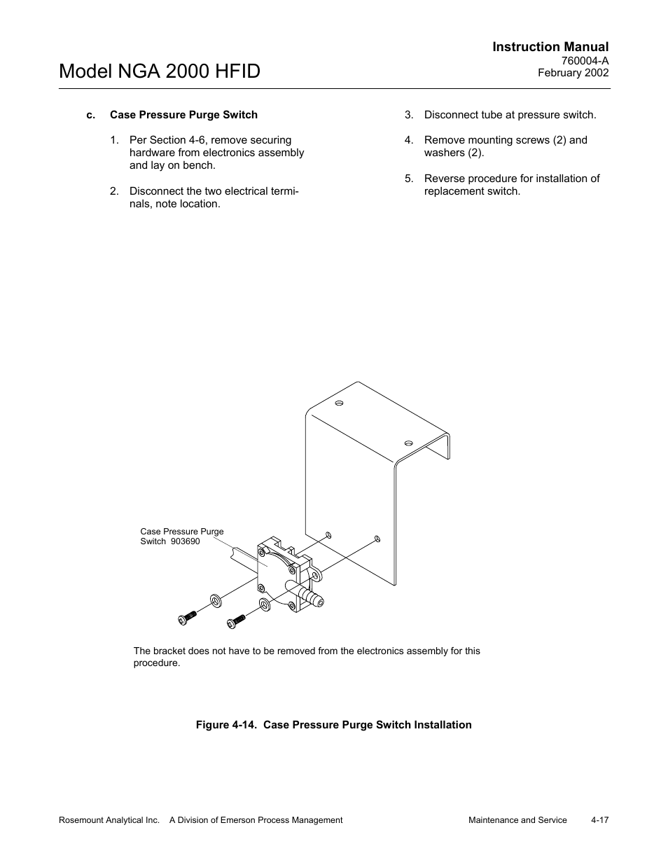 C. case pressure purge switch, 14 case pressure purge switch installation, Model nga 2000 hfid | Emerson Process Management 760004-A User Manual | Page 55 / 118