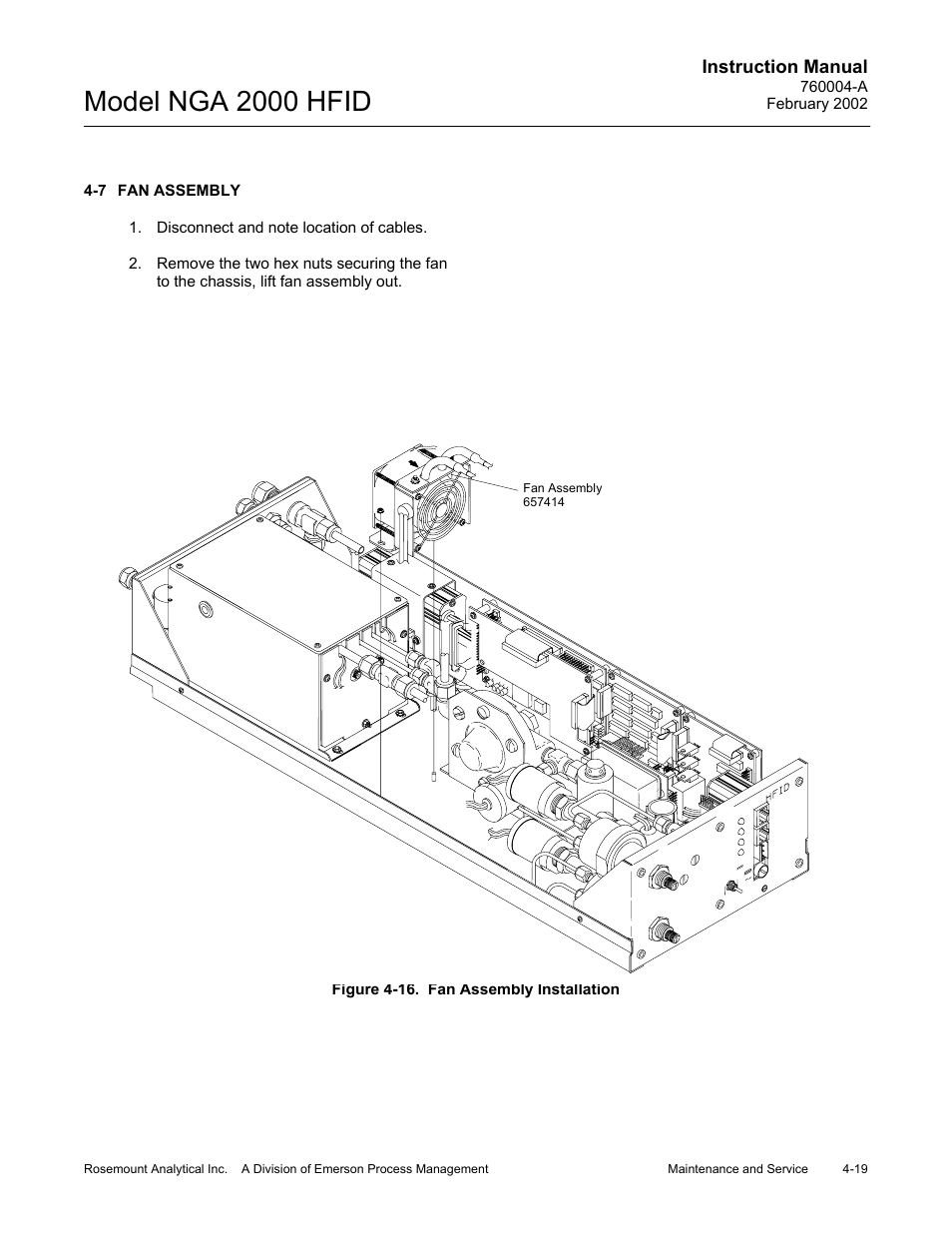 7 fan assembly, 16 fan assembly installation, Model nga 2000 hfid | Emerson Process Management 760004-A User Manual | Page 57 / 118