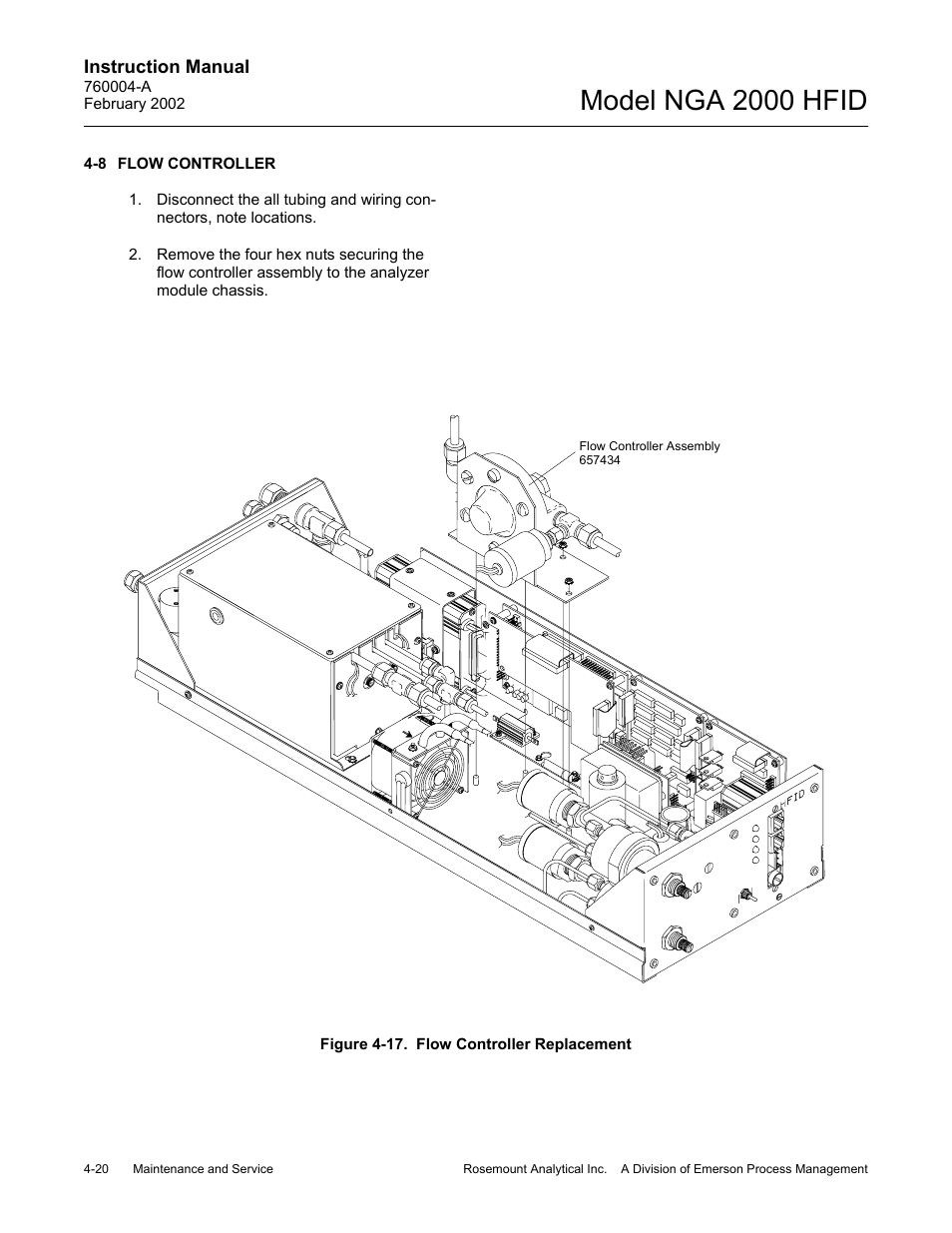 8 flow controller, 17 flow controller replacement, Model nga 2000 hfid | Emerson Process Management 760004-A User Manual | Page 58 / 118