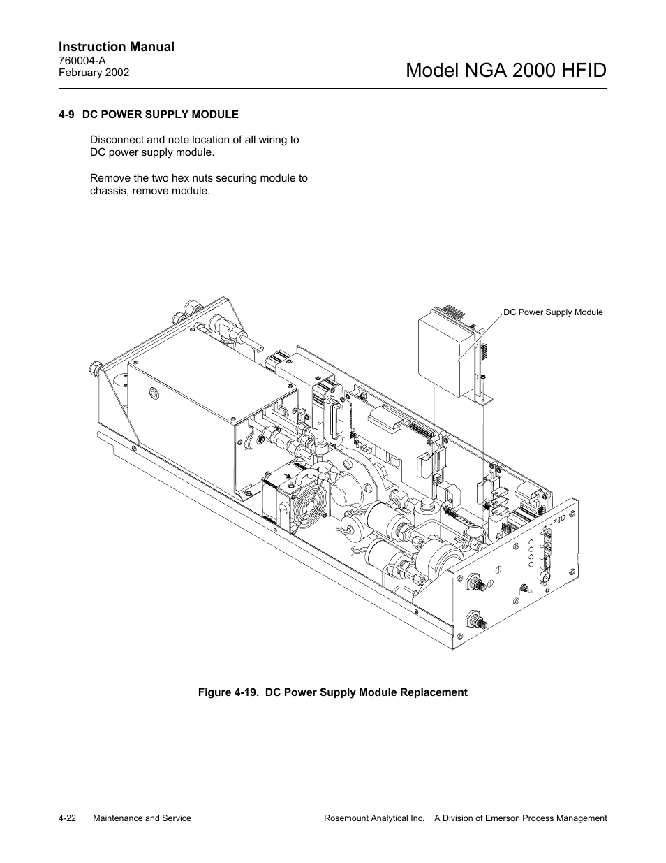 9 dc power supply module, 19 dc power supply module replacement, Model nga 2000 hfid | Emerson Process Management 760004-A User Manual | Page 60 / 118