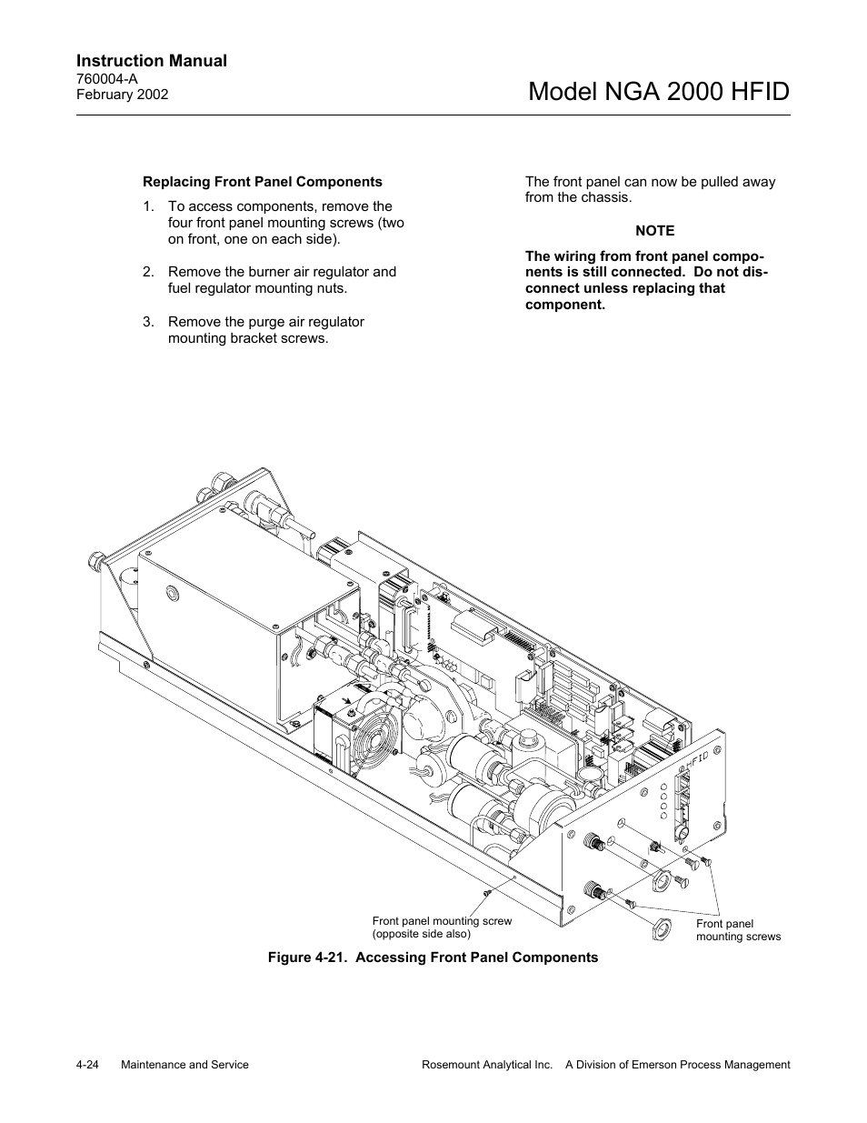 21 accessing front panel components, Model nga 2000 hfid | Emerson Process Management 760004-A User Manual | Page 62 / 118