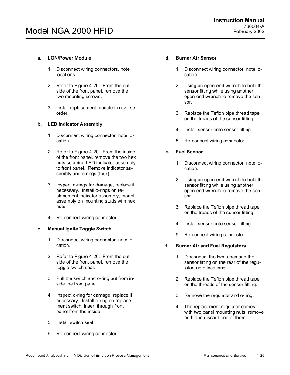 A. lon/power module, B. led indicator assembly, C. manual ignite toggle switch | D. burner air sensor, E. fuel sensor, F. burner air and fuel regulators, Model nga 2000 hfid | Emerson Process Management 760004-A User Manual | Page 63 / 118