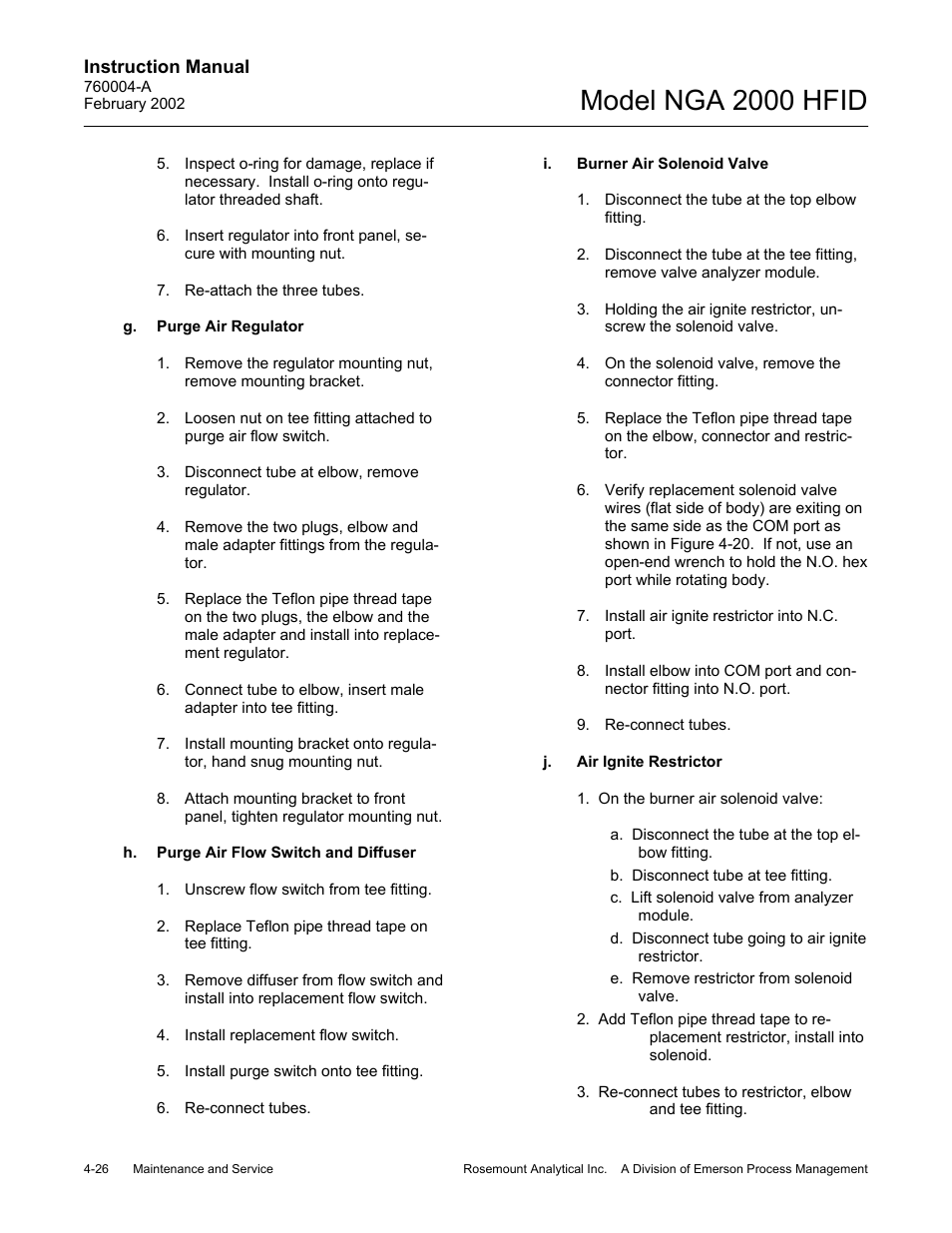 G. purge air regulator, H. purge air flow switch and diffuser, I. burner air solenoid valve | J. air ignite restrictor, Model nga 2000 hfid | Emerson Process Management 760004-A User Manual | Page 64 / 118