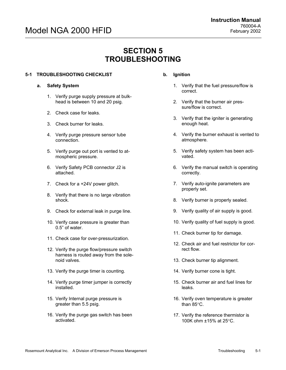 0 troubleshooting, 1 troubleshooting checklist, A. safety system | B. ignition, Model nga 2000 hfid | Emerson Process Management 760004-A User Manual | Page 67 / 118
