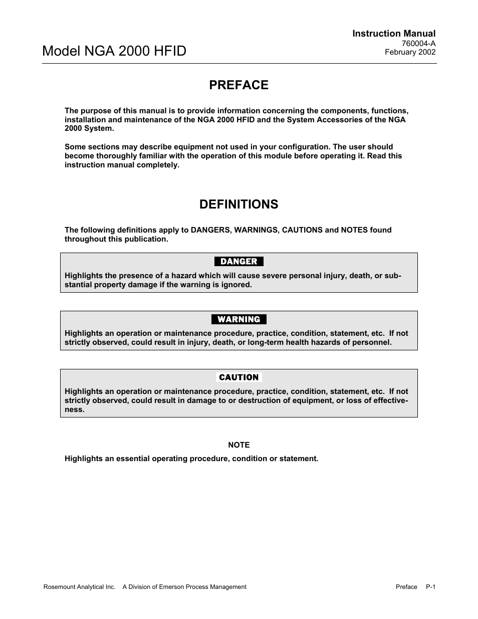 Preface, Definitions, Model nga 2000 hfid | Emerson Process Management 760004-A User Manual | Page 7 / 118