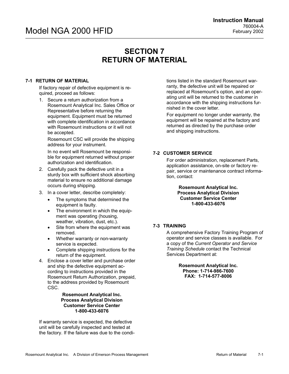 0 return of material, 1 return of material, 2 customer service | 3 training, Model nga 2000 hfid | Emerson Process Management 760004-A User Manual | Page 73 / 118