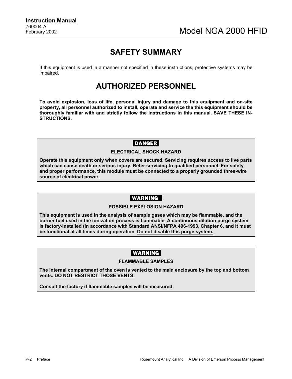 Safety summary, Authorized personnel, Model nga 2000 hfid | Emerson Process Management 760004-A User Manual | Page 8 / 118