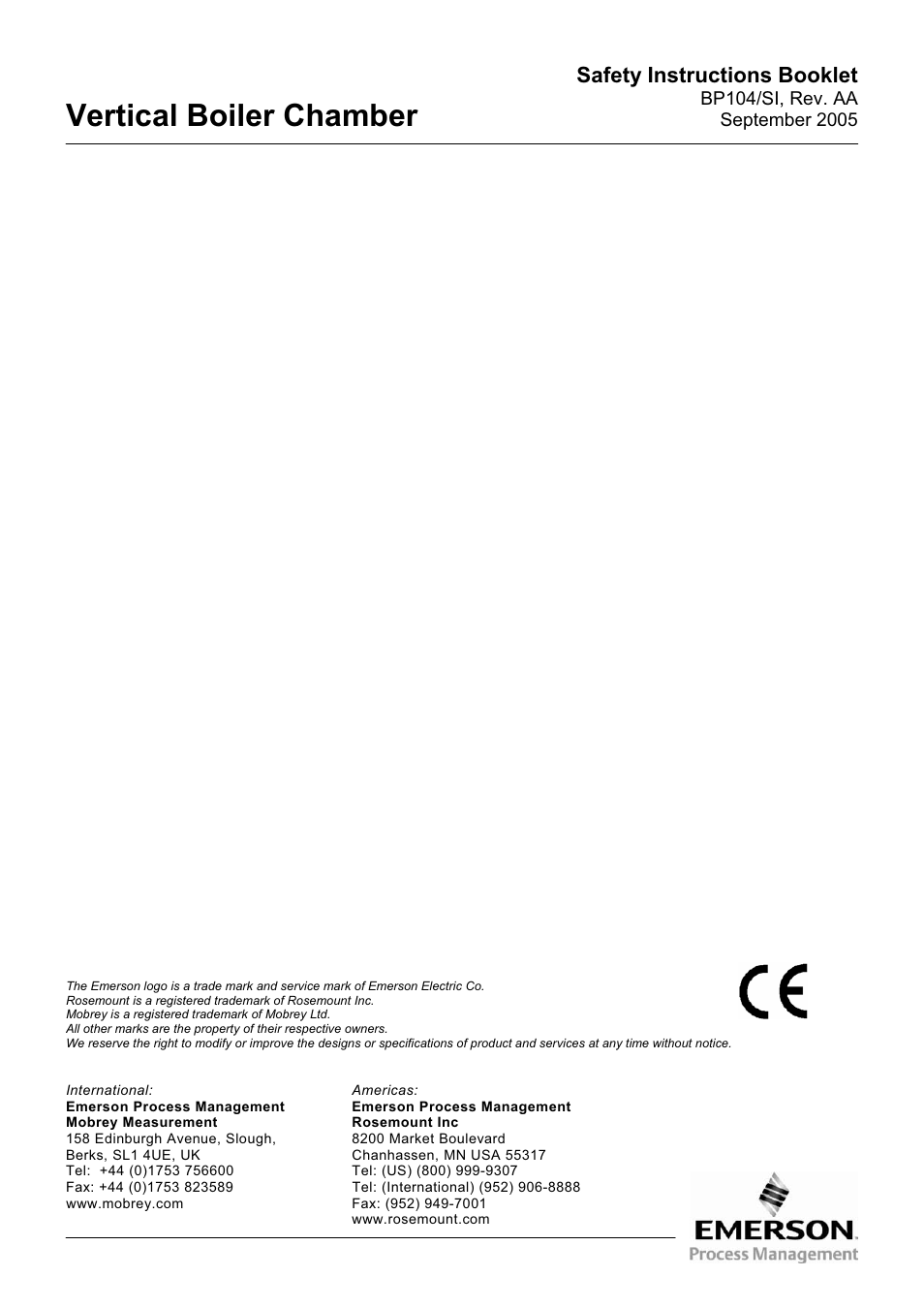 Vertical boiler chamber, Safety instructions booklet | Emerson Process Management BP104 User Manual | Page 16 / 16
