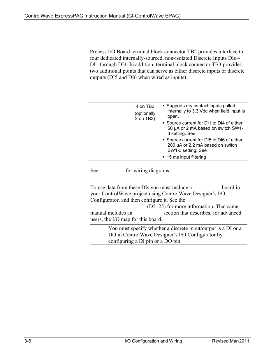 1 non-isolated, Discrete, Inputs (di) on tb2 and tb3 of process i/o board -6 | 1 non, I/o board | Emerson Process Management Bristol ControlWave ExpressPAC User Manual | Page 52 / 96