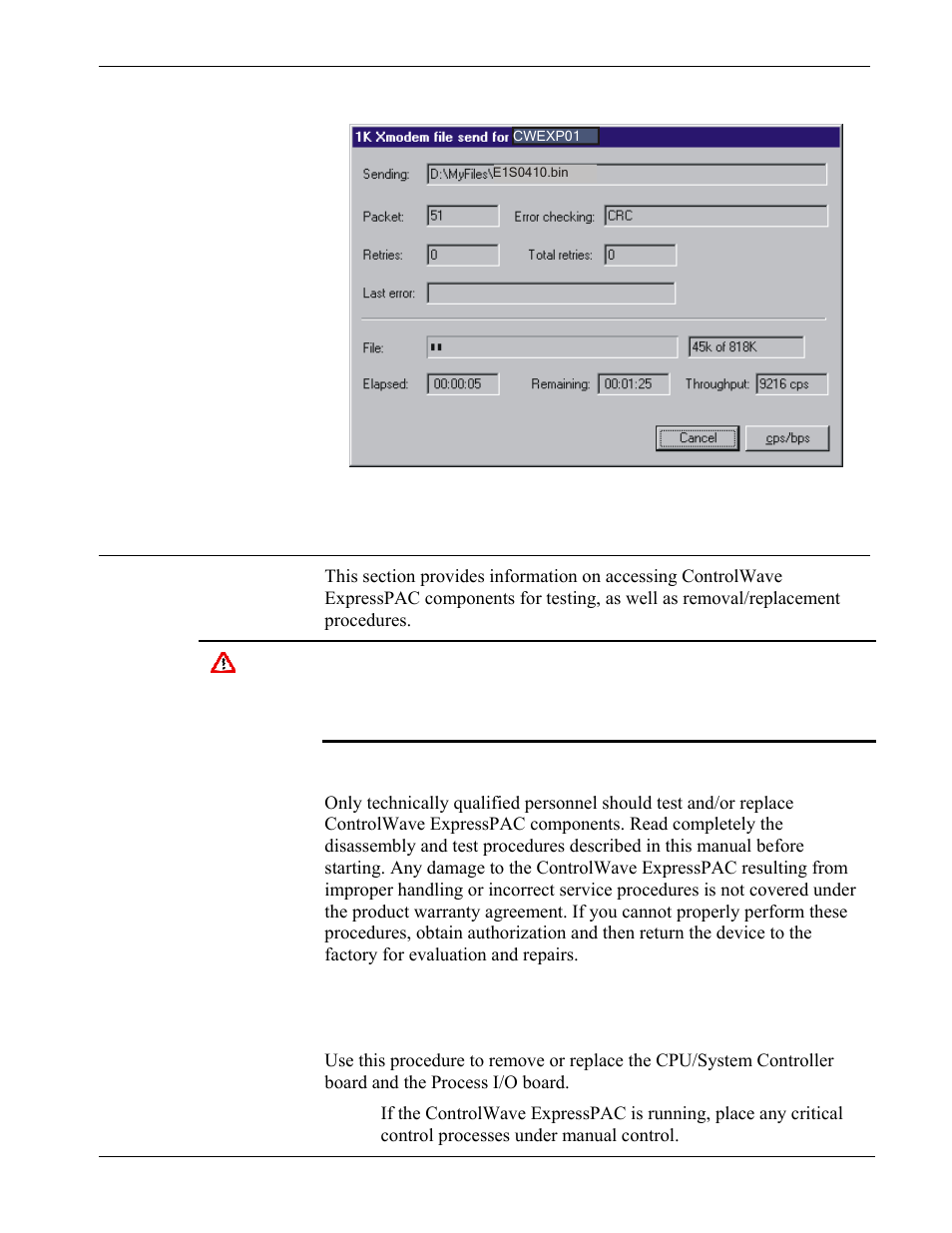 2 removing or replacing components, 1 accessing modules for testing, Removing or replacing components -5 | Accessing modules for testing -5, Removing or replacing components 5.2.1, Accessing modules for testing, Process i/o board | Emerson Process Management Bristol ControlWave ExpressPAC User Manual | Page 73 / 96