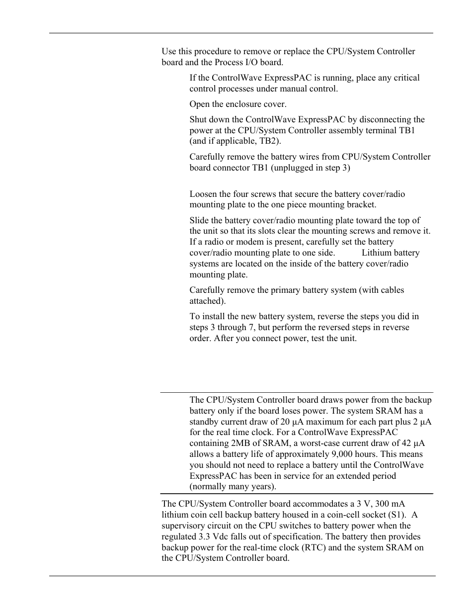 4 removing/replacing the backup battery, Removing/replacing the backup battery -7, Removing/replacing the backup battery | Emerson Process Management Bristol ControlWave ExpressPAC User Manual | Page 75 / 96