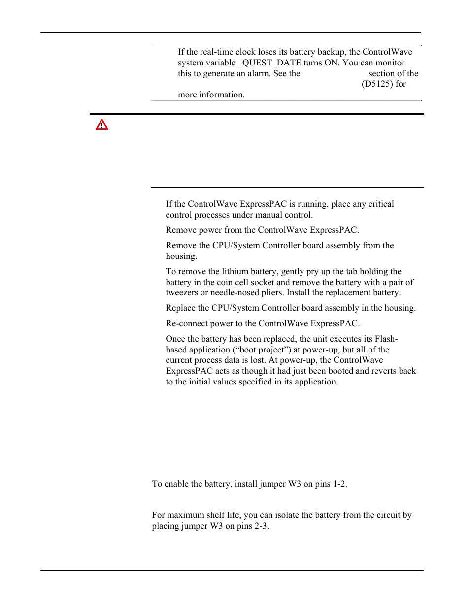 5 enabling / disabling the backup battery, Enabling / disabling the backup battery -8, Enabling / disabling the backup battery | Emerson Process Management Bristol ControlWave ExpressPAC User Manual | Page 76 / 96