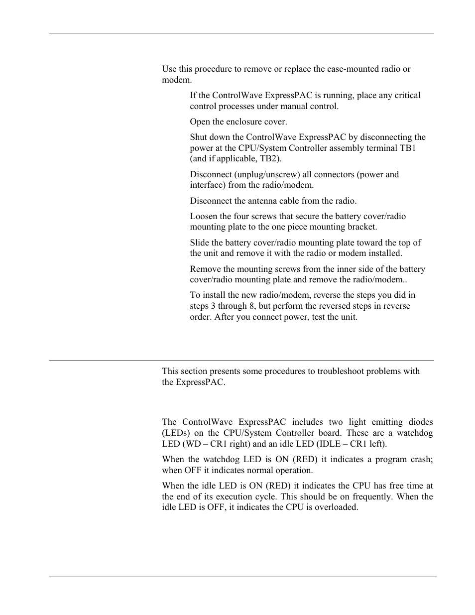 3 general troubleshooting procedures, 1 checking leds, General troubleshooting procedures -9 | Checking leds -9, Removing/replacing the case-mounted radio or modem, General troubleshooting procedures 5.3.1, Checking leds | Emerson Process Management Bristol ControlWave ExpressPAC User Manual | Page 77 / 96