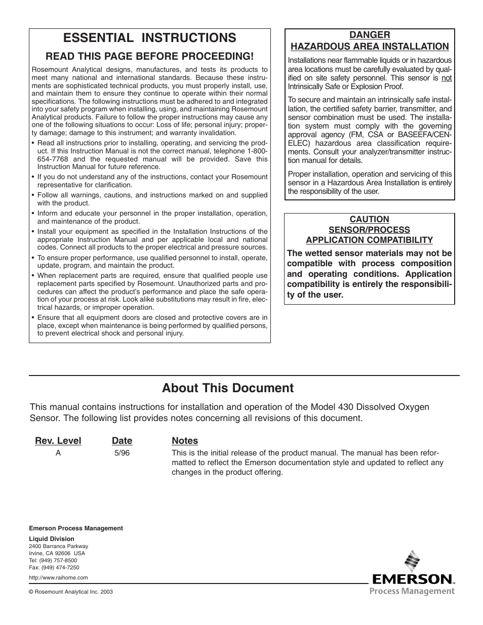 Essential instructions, About this document, Read this page before proceeding | Emerson Process Management 430 DO User Manual | Page 2 / 24