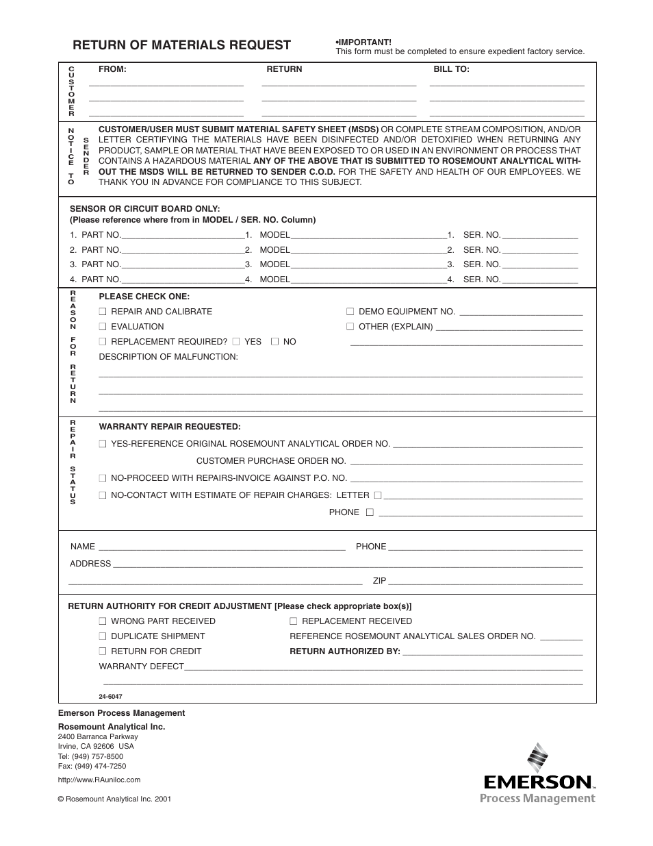 Return of materials request | Emerson Process Management 430 DO User Manual | Page 21 / 24