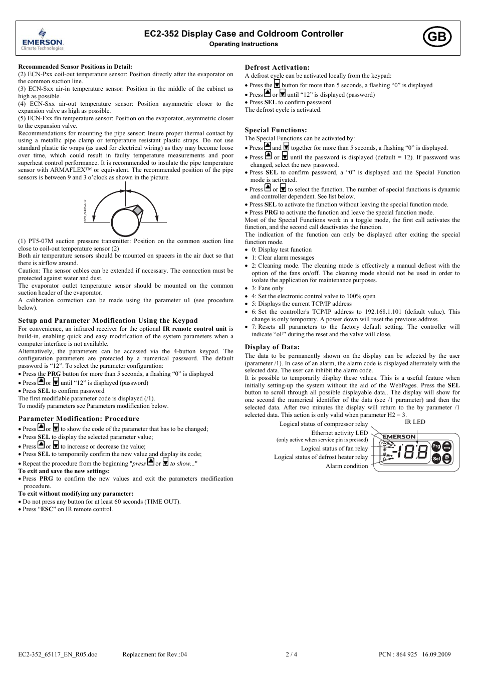 Ec2-352 display case and coldroom controller | Emerson Process Management EC2-352 User Manual | Page 2 / 4