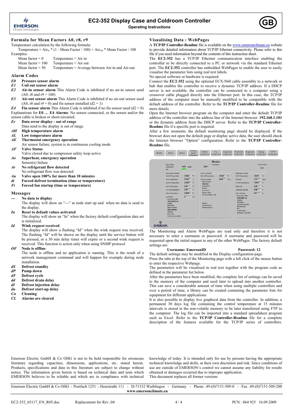 Ec2-352 display case and coldroom controller | Emerson Process Management EC2-352 User Manual | Page 4 / 4