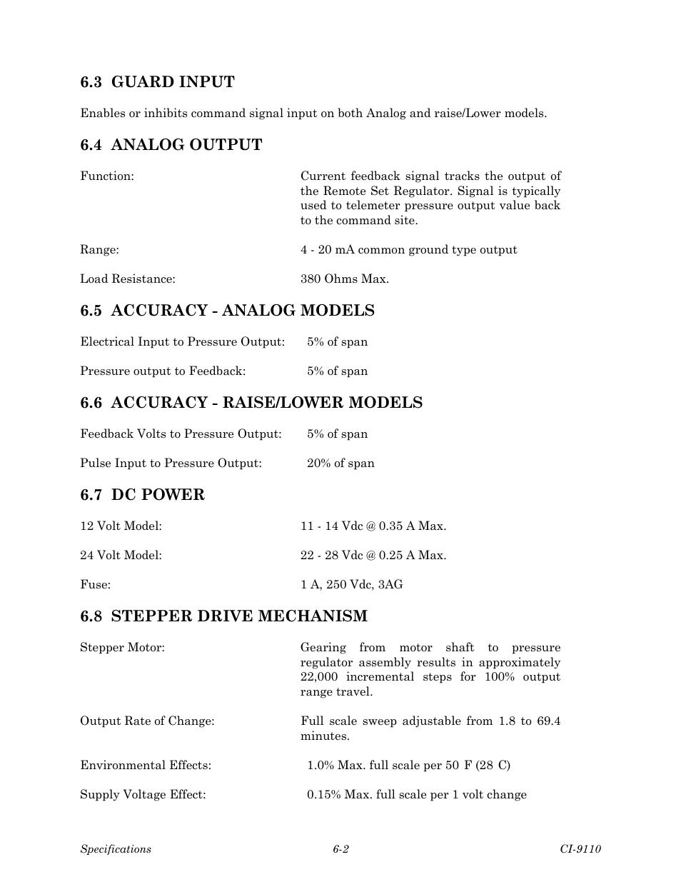 3 guard input, 4 analog output, 5 accuracy - analog models | 6 accuracy - raise/lower models, 7 dc power, 8 stepper drive mechanism | Emerson Process Management Bristol Series 9110 User Manual | Page 52 / 74
