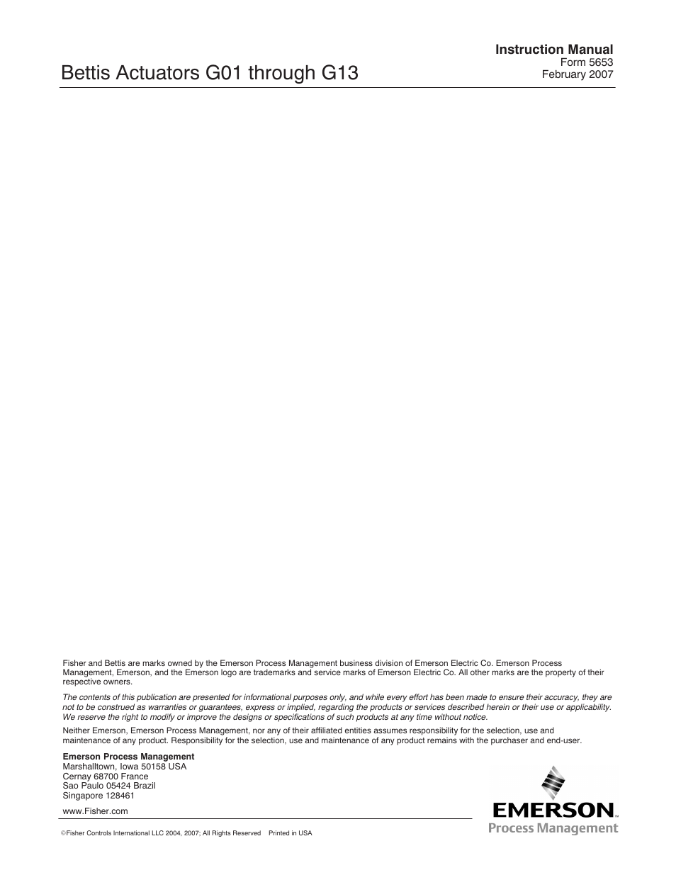 Bettis actuators g01 through g13, Instruction manual | Emerson Process Management BETTIS G01 User Manual | Page 2 / 50