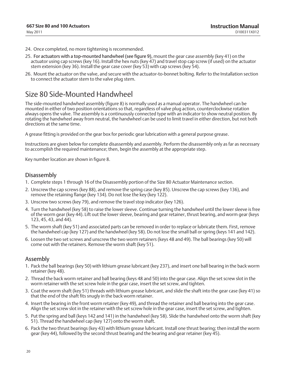 Size 80 side‐mounted handwheel, Disassembly, Assembly | Emerson Process Management 667 User Manual | Page 20 / 28