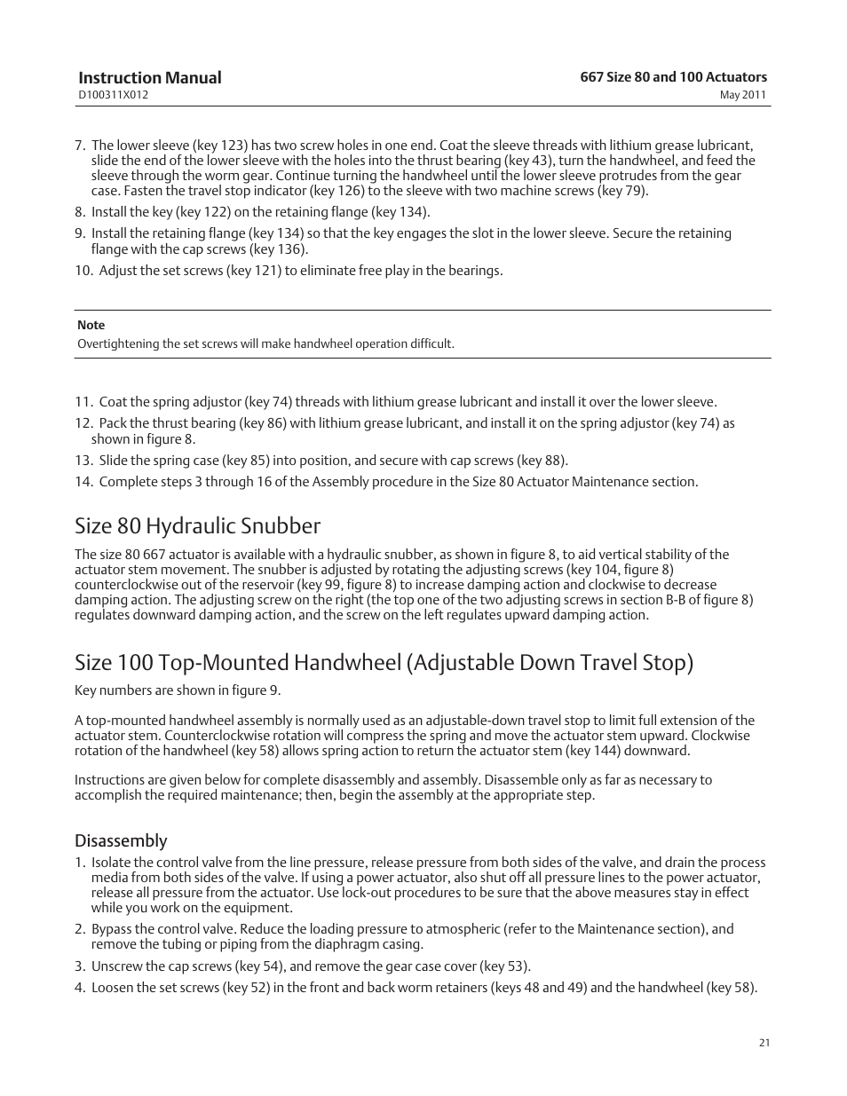 Size 80 hydraulic snubber, Disassembly | Emerson Process Management 667 User Manual | Page 21 / 28