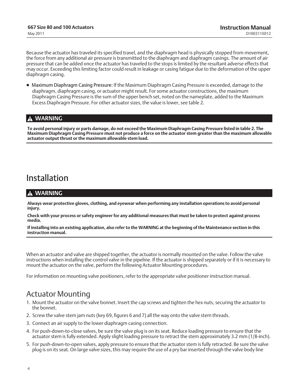 Installation, Actuator mounting | Emerson Process Management 667 User Manual | Page 4 / 28