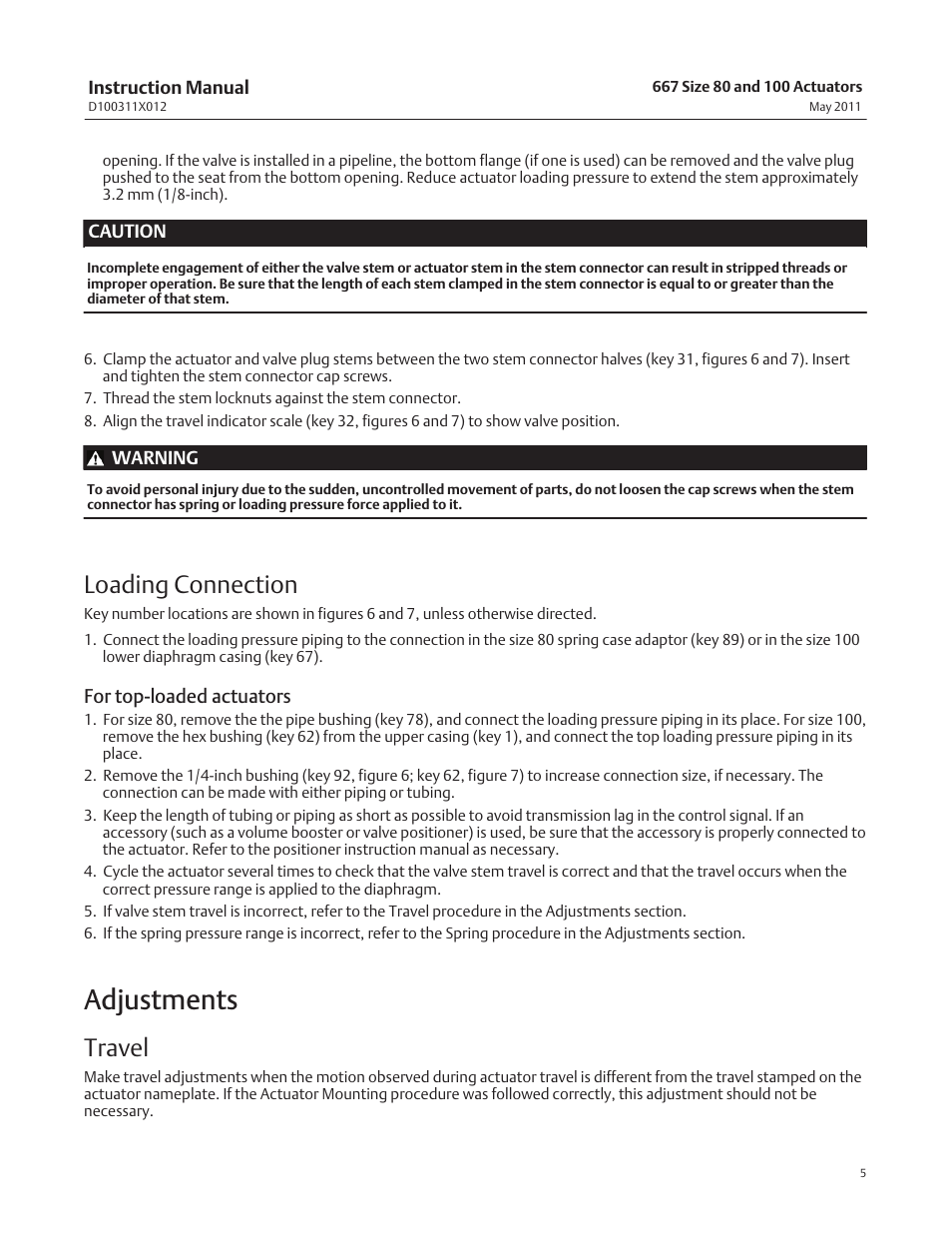 Adjustments, Loading connection, Travel | Emerson Process Management 667 User Manual | Page 5 / 28