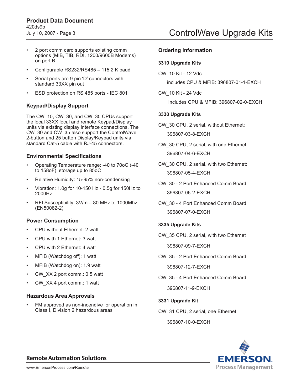 Controlwave upgrade kits | Emerson Process Management Bristol ControlWave CW_35 User Manual | Page 3 / 4