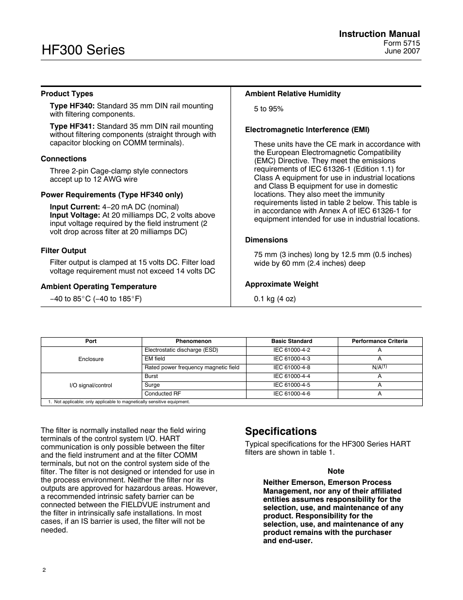 Specifications, Hf300 series, Instruction manual | Emerson Process Management HF300 User Manual | Page 2 / 4