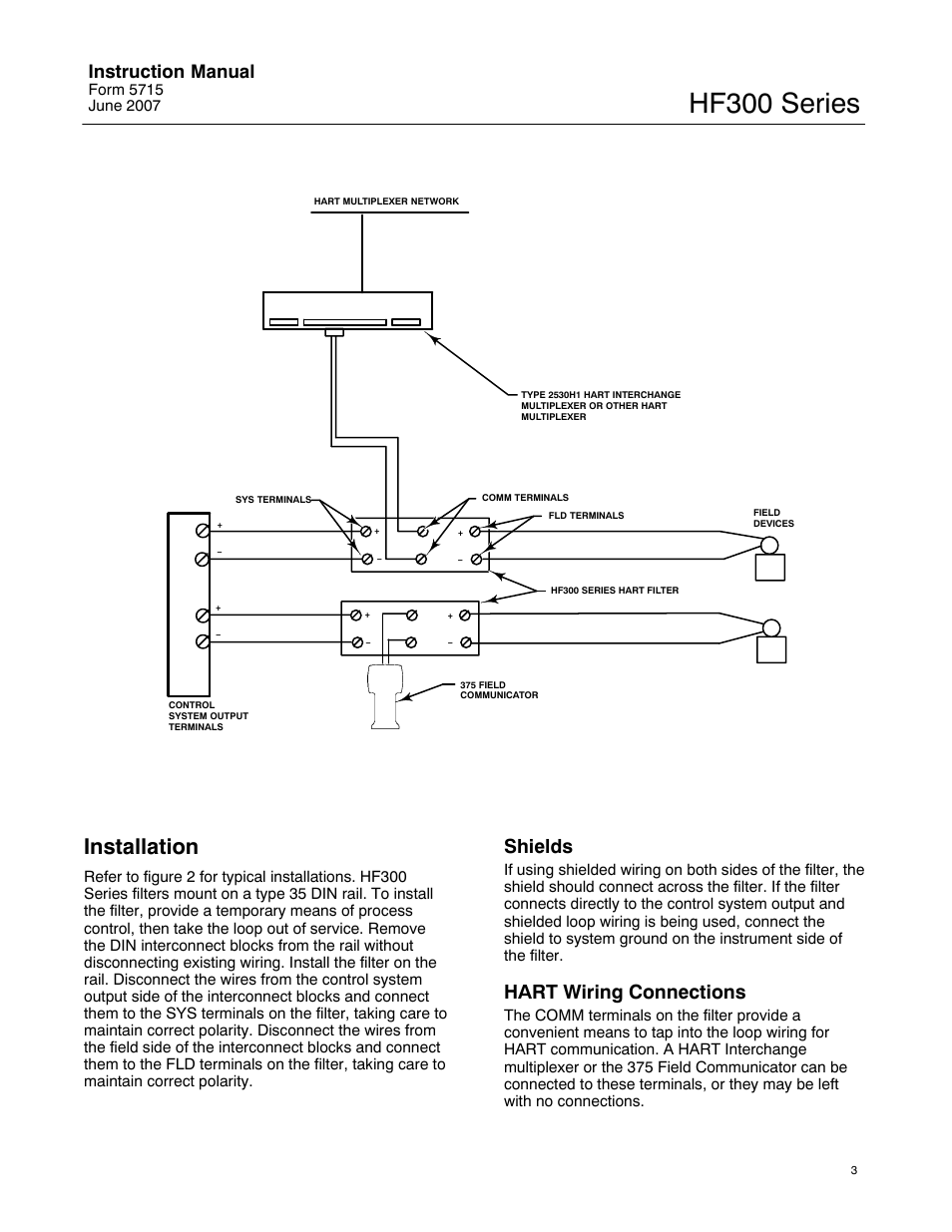 Installation, Shields, Hart wiring connections | Hf300 series, Instruction manual | Emerson Process Management HF300 User Manual | Page 3 / 4
