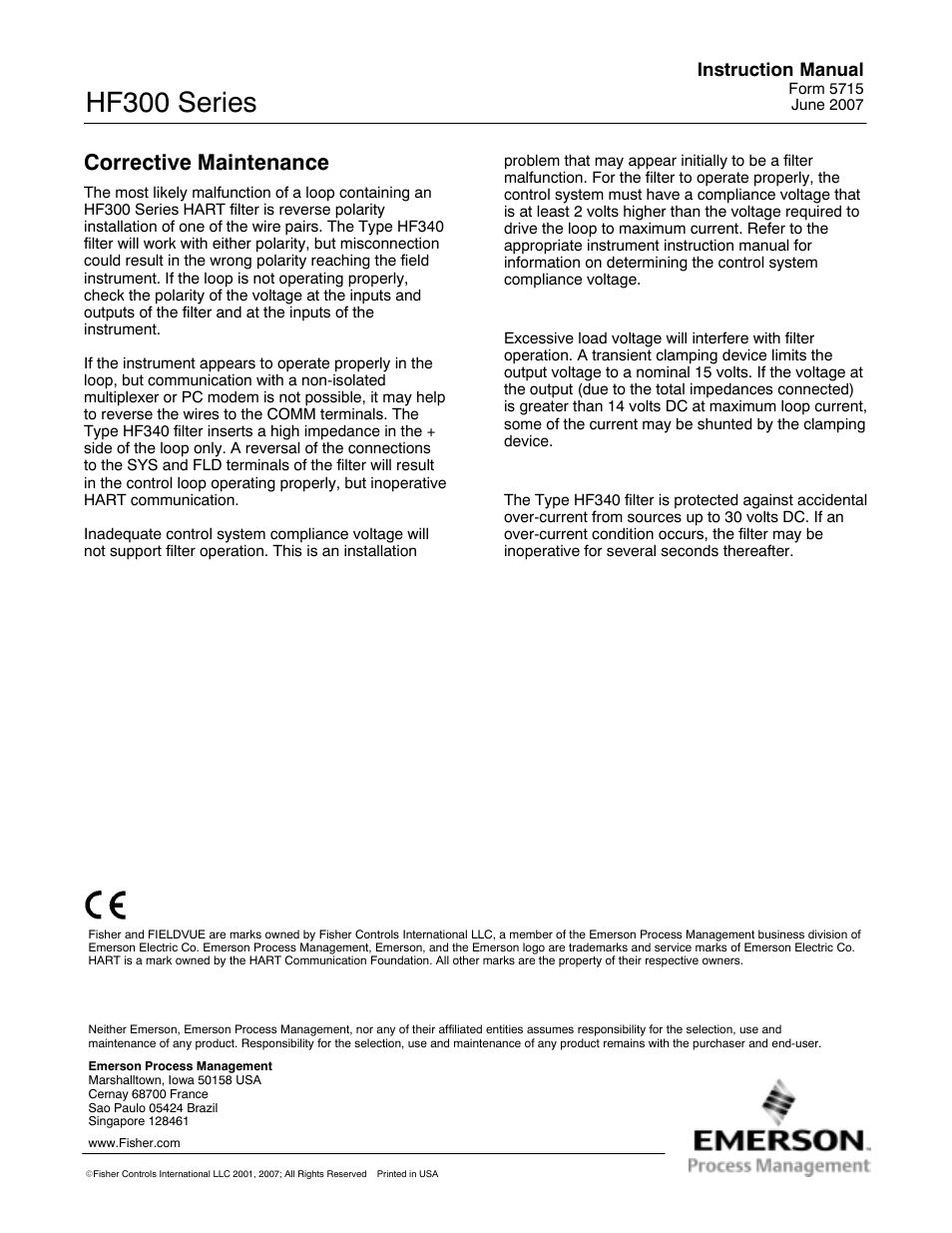 Corrective maintenance, Hf300 series, Instruction manual | Emerson Process Management HF300 User Manual | Page 4 / 4