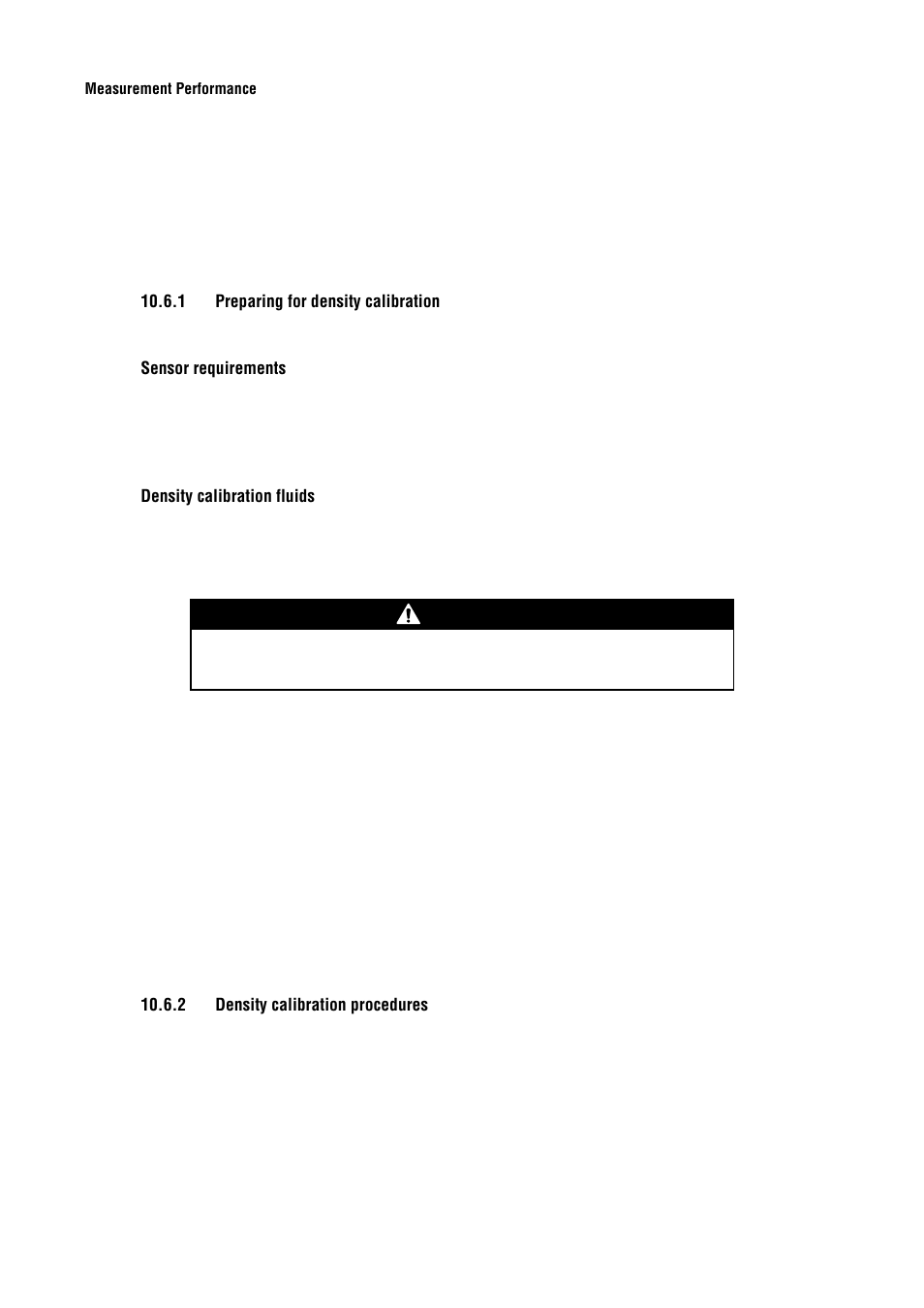 1 preparing for density calibration, 2 density calibration procedures, Preparing for density calibration | Density calibration procedures, Caution | Emerson Process Management MICRO MOTION 2400S User Manual | Page 112 / 188