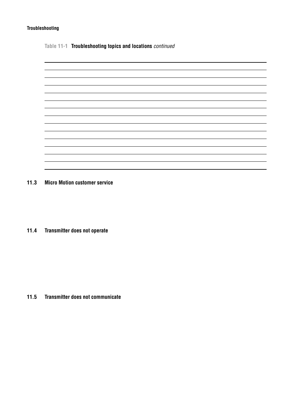 3 micro motion customer service, 4 transmitter does not operate, 5 transmitter does not communicate | Micro motion customer service, Transmitter does not operate, Transmitter does not communicate, Section 11.4, Section 11.5 | Emerson Process Management MICRO MOTION 2400S User Manual | Page 120 / 188