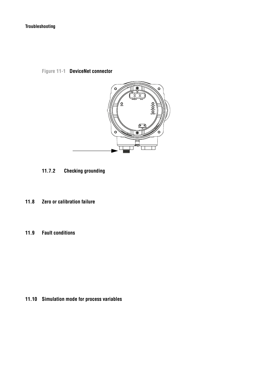 2 checking grounding, 8 zero or calibration failure, 9 fault conditions | 10 simulation mode for process variables, Checking grounding, Zero or calibration failure, Fault conditions, Simulation mode for process variables, Ilure (see section 11.8), Section 11.7.2 | Emerson Process Management MICRO MOTION 2400S User Manual | Page 122 / 188