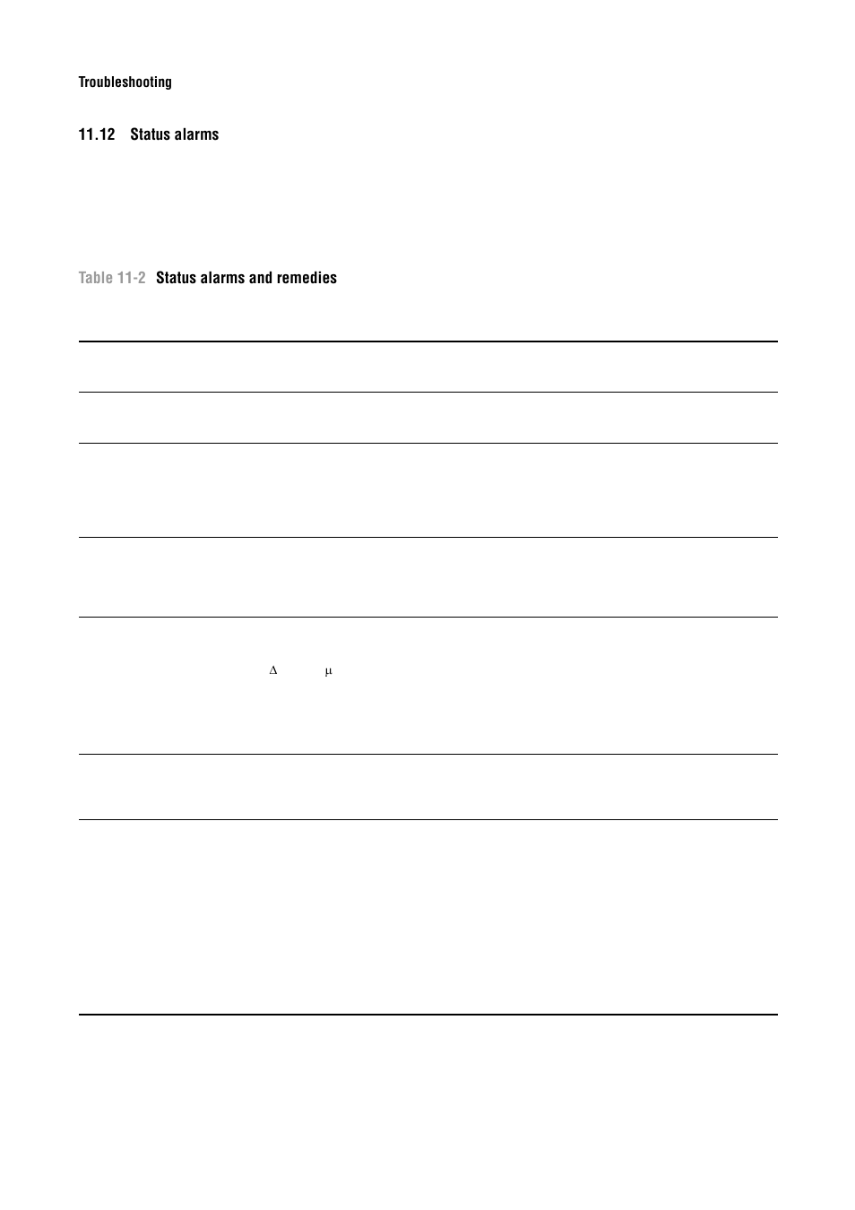 12 status alarms, Status alarms, Table 11-2. be | Table 11-2.), Section 11.12, The alarm (see section 11.12) | Emerson Process Management MICRO MOTION 2400S User Manual | Page 124 / 188