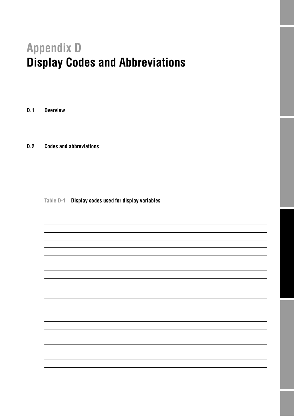 Display codes and abbreviations, D.1 overview, D.2 codes and abbreviations | Appendix d display codes and abbreviations, Overview, Codes and abbreviations, Appendix d, Ee appendix d for, Appendix d fo, See appendix d | Emerson Process Management MICRO MOTION 2400S User Manual | Page 177 / 188