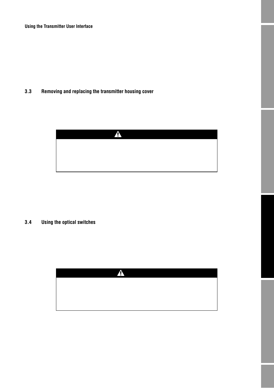 4 using the optical switches, Using the optical switches, R – see section 3.3 | See section 3.4, Warning, Caution | Emerson Process Management MICRO MOTION 2400S User Manual | Page 19 / 188