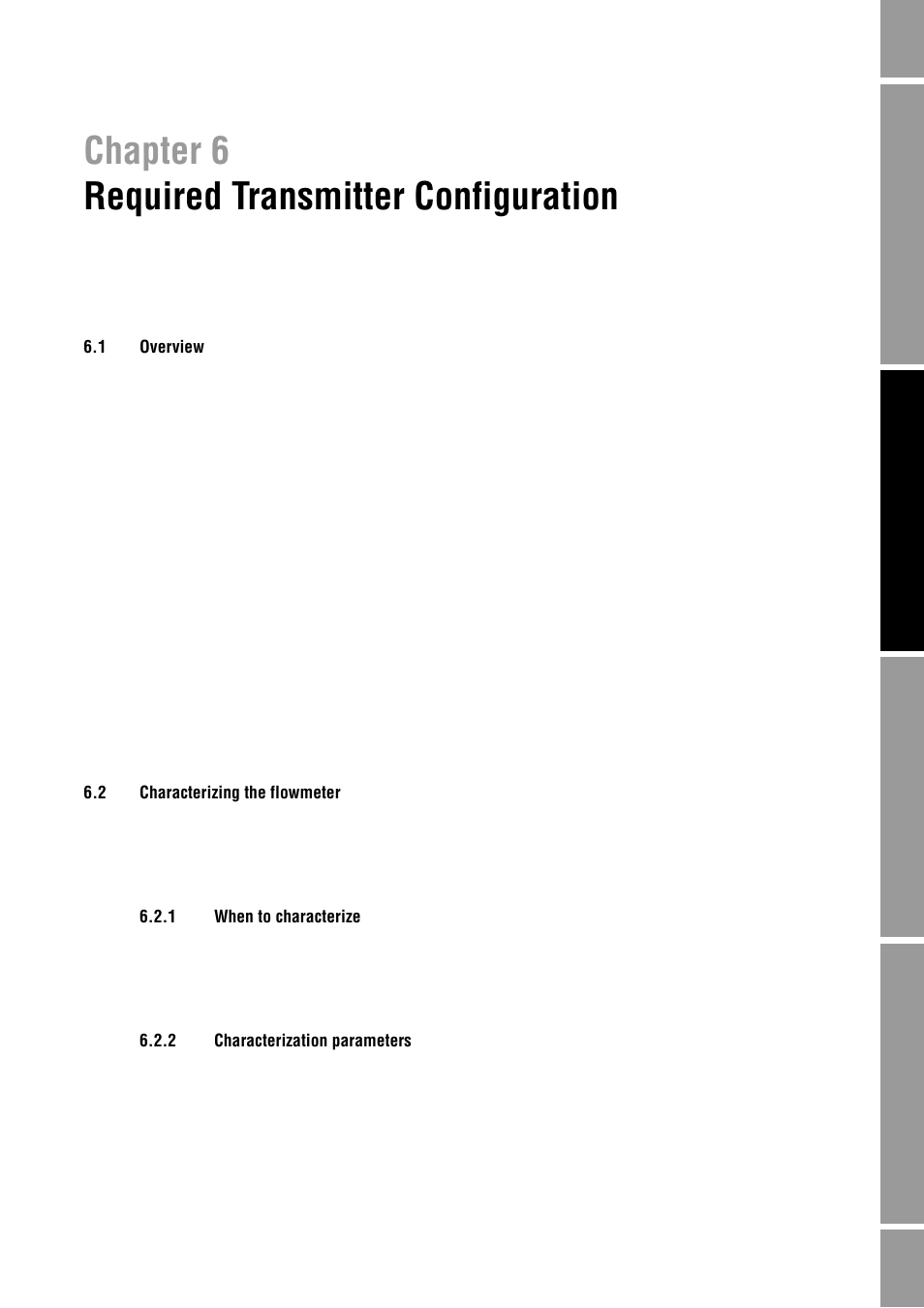 Required transmitter configuration, 1 overview, 2 characterizing the flowmeter | 1 when to characterize, 2 characterization parameters, Chapter 6, Overview, Characterizing the flowmeter 6.2.1, When to characterize, Characterization parameters | Emerson Process Management MICRO MOTION 2400S User Manual | Page 33 / 188