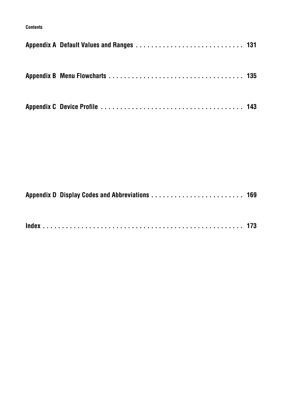 Appendix a default values and ranges, Appendix b menu flowcharts, Appendix c device profile | Appendix d display codes and abbreviations, Index | Emerson Process Management MICRO MOTION 2400S User Manual | Page 7 / 188