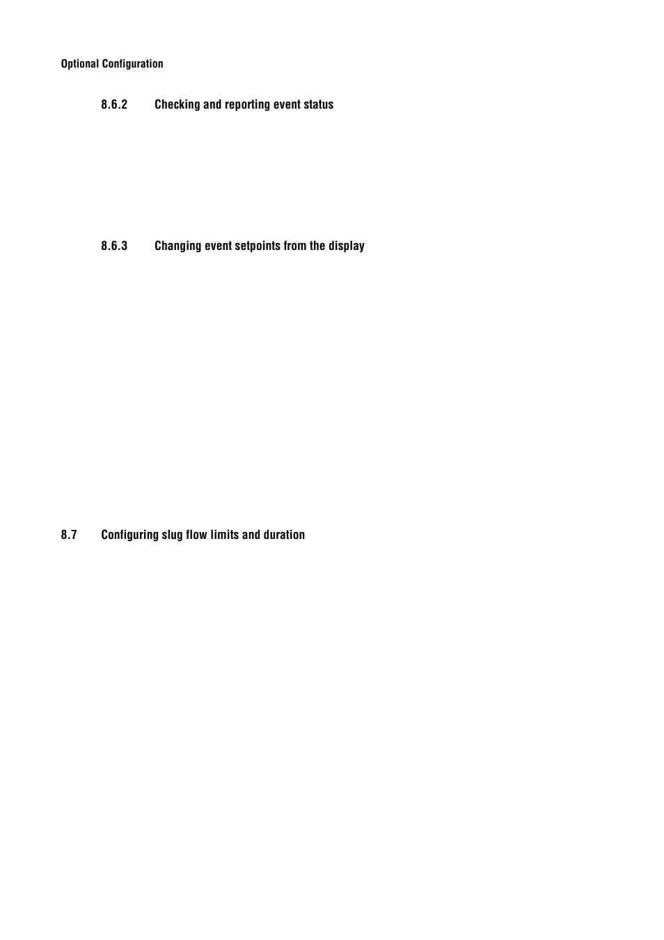 2 checking and reporting event status, 3 changing event setpoints from the display, 7 configuring slug flow limits and duration | Checking and reporting event status, Changing event setpoints from the display, Configuring slug flow limits and duration, Section 8.6.3 | Emerson Process Management MICRO MOTION 2400S User Manual | Page 72 / 188